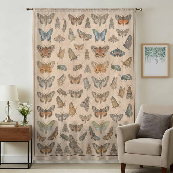 Vintage Butterflies Sheer Curtains 84 Inches Long, Retro Animal Biological Atlas Brown Light Filering Curtains, Breathable Simi Curtain Privacy Drapes for Living Room Bedroom Window Treatment