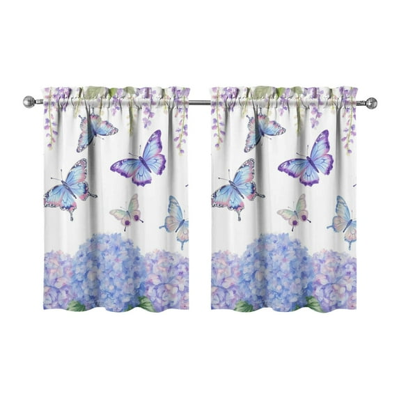 Vintage Butterflies and Purple Hydrangeas Tier Kitchen Curtains for Bathroom Living Rod Pocket Window Drapes 28"x36" 2 Panels Window Treatment Tiers