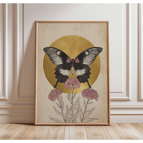 Vintage Butterfly Art Moth and Thistle Botanical Nature Wall Art, Unframed Poster
