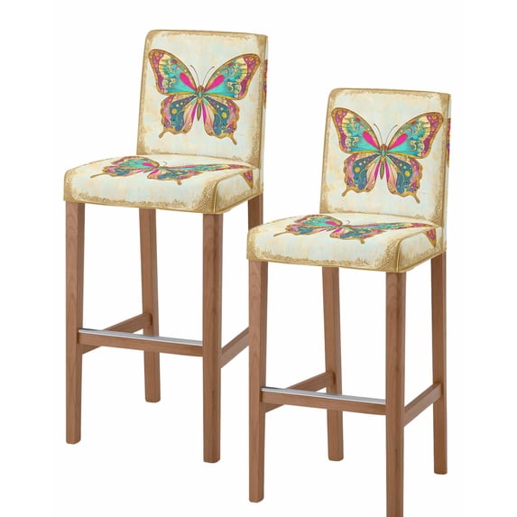 Vintage Butterfly Bar Stool Covers Set of 2, Retro Colorful Butterfly Stretch Washable Bar Chair Covers with Backs, Removable Pub Counter Height Chair Cover for Kitchen Dining Room Cafe