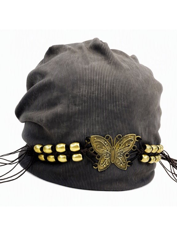 Vintage Butterfly Beaded Tassel Slouchy Beanie for Women, Retro Ethnic Style Stretchy Knit Stacked Head Wrap Boho Turban Hat