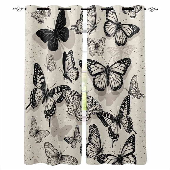 Vintage Butterfly Blackout Curtains for Bedroom/Living Room, Thermal Insulated Kitchen Curtains, Country Pastoral Inserts Retro Beige Grommet Darkening Window Treatment Drapes 27.5"x39"x2