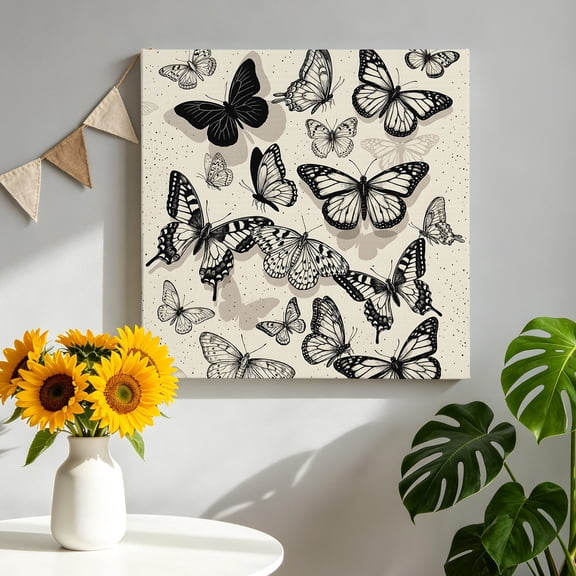 Vintage Butterfly Canvas Wall Art, Black Fly Animal Wing Texture Beige Background Framed Canvas Wall Decor Picture Print Artwork Decorations for Living Room Office Ready to Hang 16" x 16"