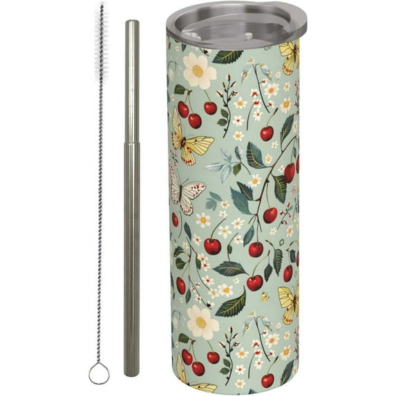 Vintage Butterfly and Cherry Stainless Steel Insulated Tumbler with Lid - 20oz Floral Travel Mug,Reusable Metal Straw & Brush, Double-Wall Vacuum Bottle Cup for Hot and Cold Drinks Gifts