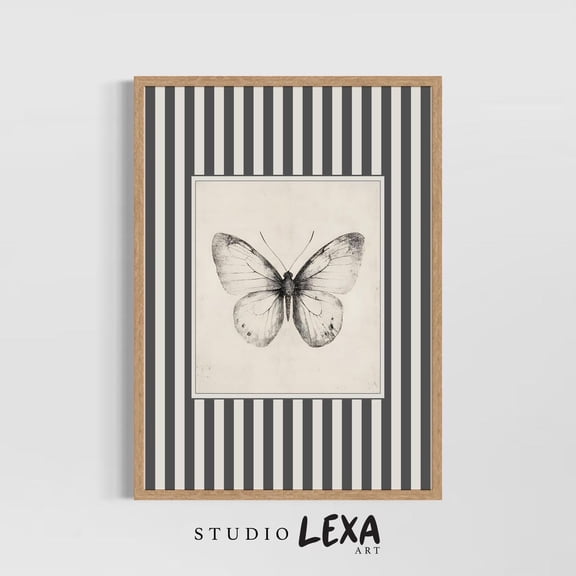 Vintage Butterfly Dark Grey Stripe Wall Art Botanical Illustration Nature Decor Cottagecore Rustic Home for Her, Unframed Poster