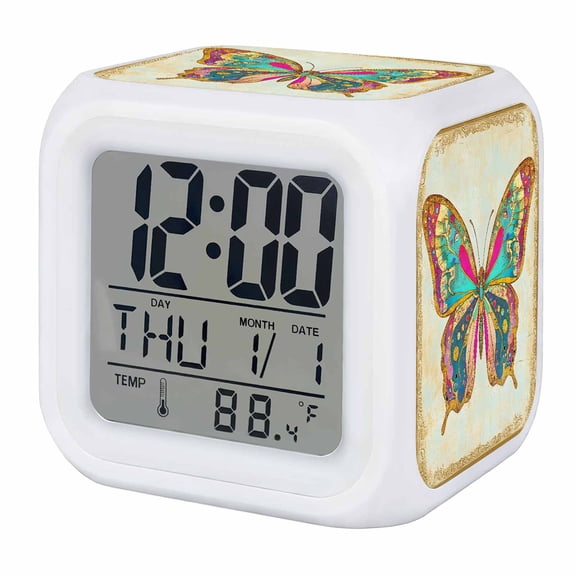 Vintage Butterfly Digital Alarm Clock for Bedrooms, Smart LED Alarm Clock with 7 Color Changing Night Light, Retro Colorful Butterfly Silent Wake Up Clocks for Sleep Study Cooking 3.2"x3.2"