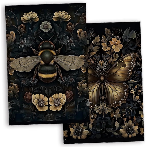 Vintage Butterfly Dragonfly Floral Kitchen Towels 16x24 Inch Set of 2, Dark Cottagecore William Morris Flower Hand Towels for Bathroom Decor, Retro Floral Dish Tea Towels for Kitchen