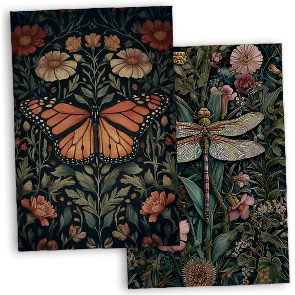 Vintage Butterfly Dragonfly Floral Kitchen Towels 16x24 Inch Set of 2, Dark Cottagecore William Morris Flower Hand Towels for Bathroom Decor, Retro Floral Dish Tea Towels for Kitchen