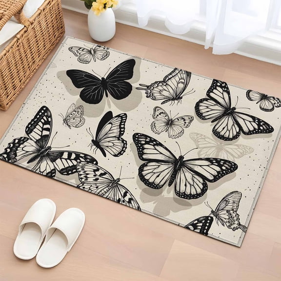 Vintage Butterfly Entryway Rug 2'x3' Black Fly Animal Wing Texture Beige Background Small Area Rug Non-Slip Front Door Mat Washable Floor Carpet for Indoor Entrance Kitchen Bathroom