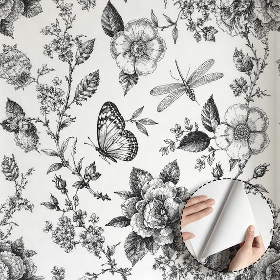 Vintage Butterfly and Floral Wallpaper, Black and White Botanical Peel and Stick Wallpaper, Waterproof Home Decor for Bedroom, Living Room, Kitchen Cabinet, Shelf, 17.7 * 118 in