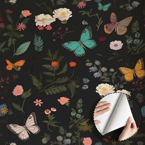 Vintage Butterfly Floral Wallpaper, Boho Botanical Flower Wall Decoration, Self adhesive and removable, waterproof, for Bedroom Living Room Bathroom Kitchen Cabinet 17.7 * 118 in