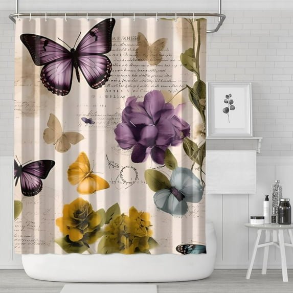 Vintage Butterfly Flower Pattern Shower Curtain 84"x72" ,Bathroom Decorative Shower Curtains Set with 12 Hooks,Modern Waterproof Washable Shower Curtain