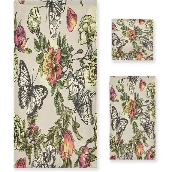 Vintage Butterfly Flowers Bath Towel Set of 3, Highly Absorbent & Soft Bathroom Towels Set Quick Dry Towels Set for Bathroom Spa Beach (1 Bath Towels, 1 Hand Towel, 1 Washcloth) Washcloth Gift