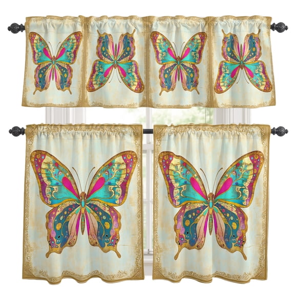 Vintage Butterfly Kitchen Curtains, Kitchen Curtains and Valances Set of 3, Retro Colorful Butterfly Light Filtering Tailored Tier Curtain 24 Inch Length Drapes for Cafe Sink Bedroom