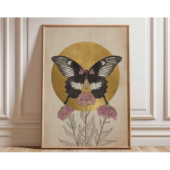 Vintage Butterfly Moth Thistle Dark Academia Cottagecore Botanical Insect Wall Art Print, Unframed Paper Poster 8x10in