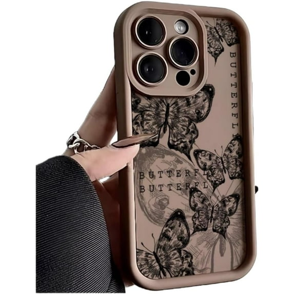 Vintage Butterfly Pattern Phone Case with Full Lens Cover, Raised Rear Bezel, Soft Silicone for iPhone 15 14 13 12 11 Pro Max Plus XS XR X 7 8 SE Phone Case (Brown,iPhone 13 Pro)