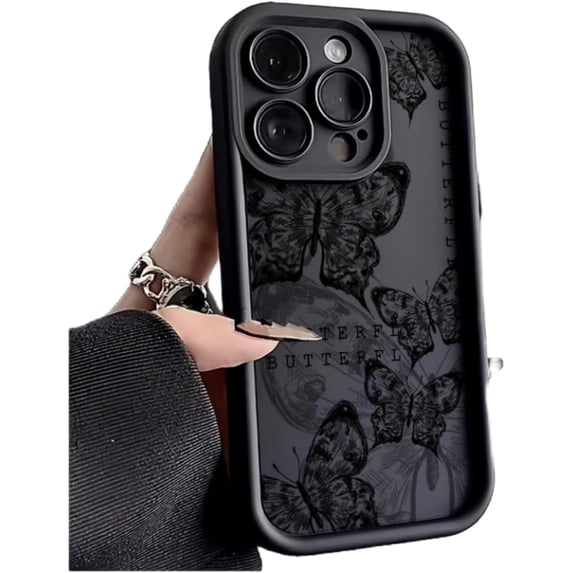 Vintage Butterfly Pattern Phone Case with Full Lens Cover, Raised Rear Bezel, Soft Silicone for iPhone 15 14 13 12 11 Pro Max Plus XS XR X 7 8 SE Phone Case (Black,iPhone 15 Plus)