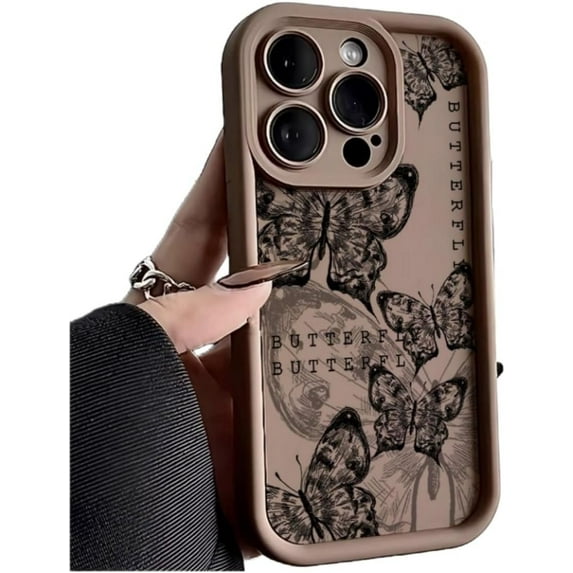 Vintage Butterfly Pattern Phone Case with Full Lens Cover, Raised Rear Bezel, Soft Silicone for iPhone 15 14 13 12 11 Pro Max Plus XS XR X 7 8 SE Phone Case (Brown,iPhone 15 Pro Max)