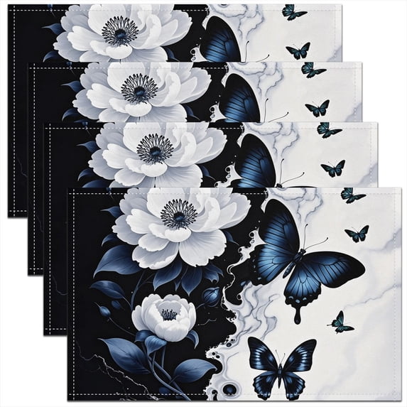 Vintage Butterfly Place Mats Set of 4 for in Door Dinning for Girls, Spring Flower Floral Table Place Mats for in Door Dining, Black White Marbling Table Mats for Dining Table, Luxurious Room Decor