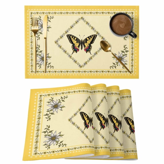 Vintage Butterfly Placemats Set of 4 Floral Botanical Retro Art Place Mats Indoor Wipeable Table Mats Washable Cloth Dining Table Placemats for Kitchen Holiday Party Home Decor 13x19 Inch