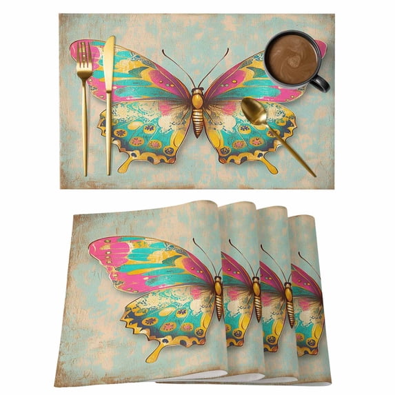 Vintage Butterfly Placemats Set of 8 Colorful Retro Butterflies Watercolor Place Mats Indoor Wipeable Table Mats Washable Cloth Dining Table Placemats for Kitchen Holiday Party Home Decor 13x19 Inch