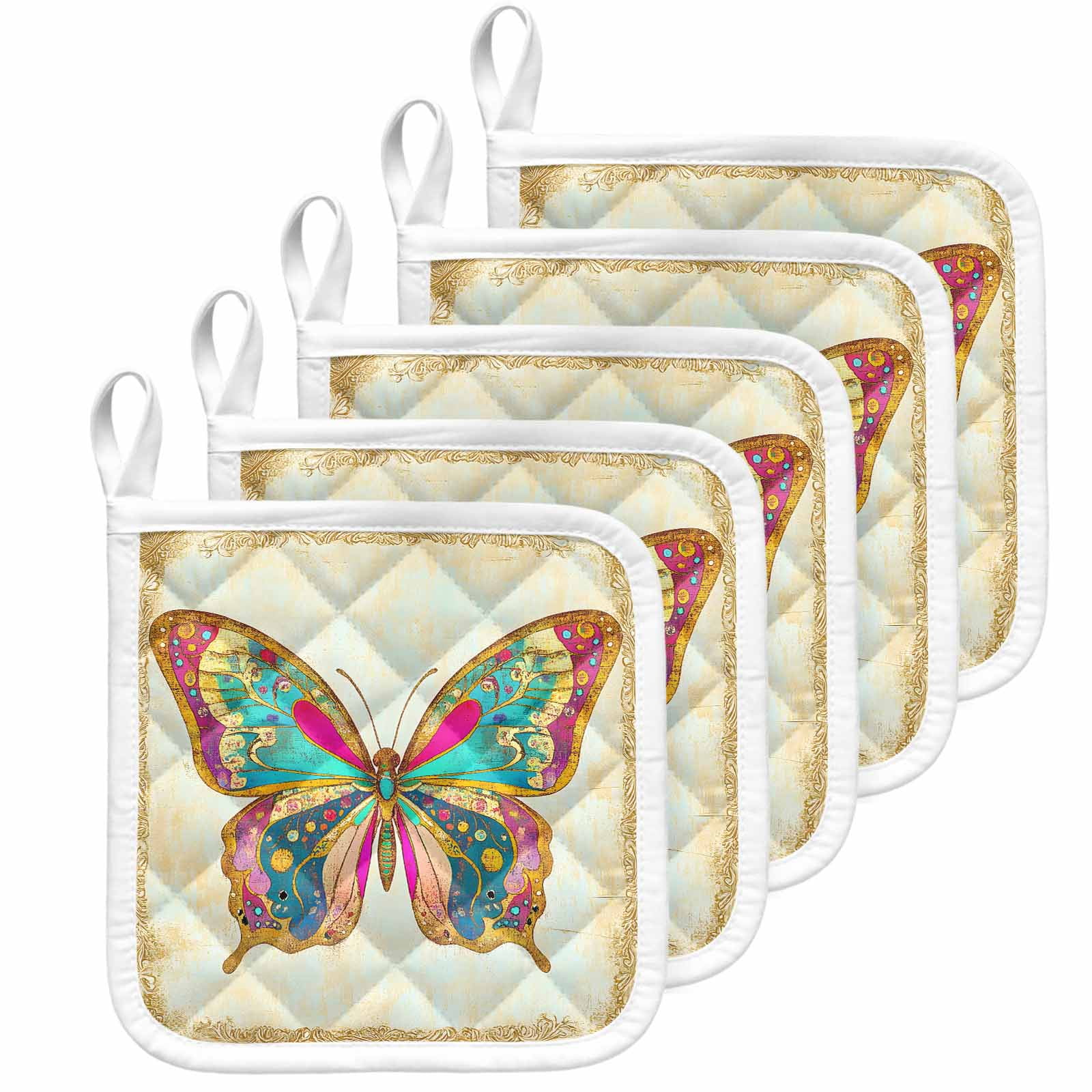 Vintage Butterfly Pot Holders for Kitchen Heatproof Potholder, 5 Pack Retro Colorful Butterfly Hot Pads Multipurpose Oven Pads Cloth Potholders Trivet for Cooking Baking