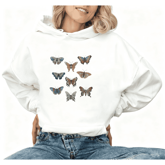 Vintage Butterfly Print Hoodie Graphic Sweatshirt White S-2XL Nature Style Tops