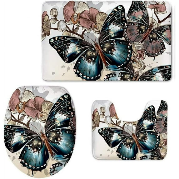 Vintage Butterfly Printing Modern Home Bathroom Rug Set Soft Flannel Sport Style