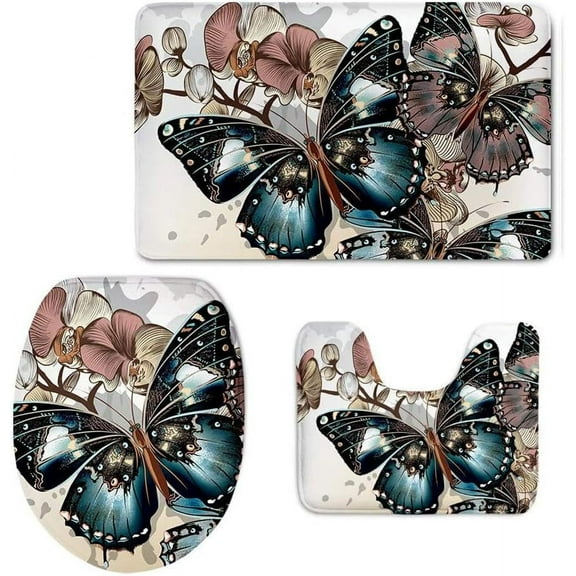 Vintage Butterfly Printing Modern Home Bathroom Rug Set Soft Flannel Sport Style
