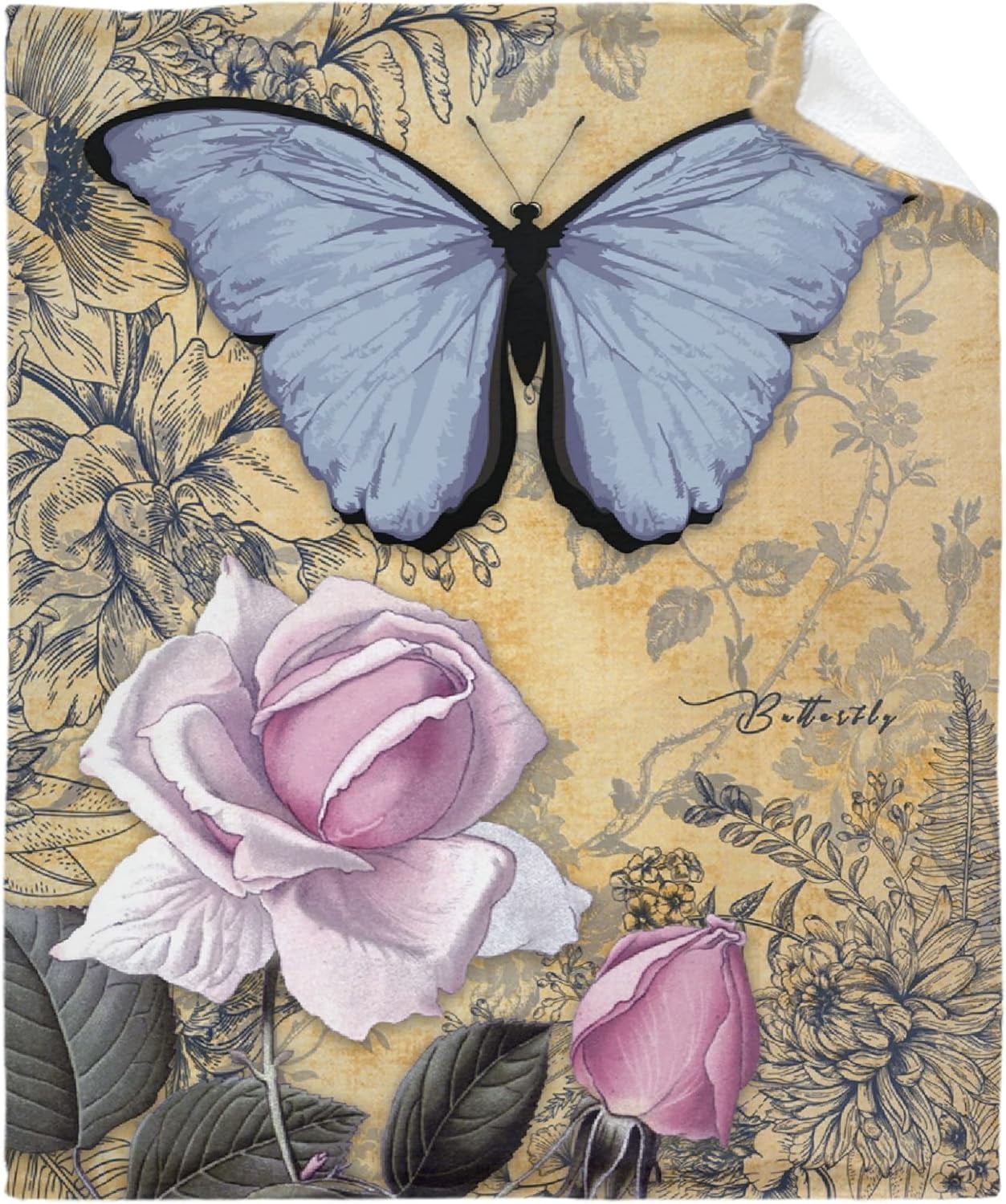 Vintage Butterfly Rose Blue Retro Flora Pink Ulta Soft Fleece Flannel