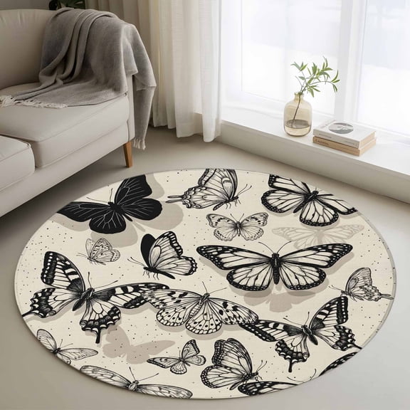 Vintage Butterfly Round Rugs for Living Room 3ft Black Fly Animal Wing Texture Beige Background Non Slip Circle Rug Washable Low-Profile Indoor Carpet for Bedroom, Dining Room, Bathroom