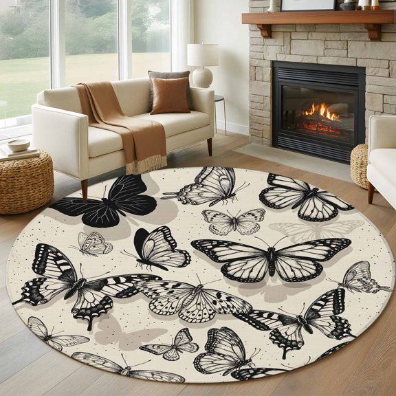 Vintage Butterfly Round Rugs for Living Room 7ft Black Fly Animal Wing Texture Beige Background Non Slip Circle Rug Washable Low-Profile Indoor Carpet for Bedroom, Dining Room, Bathroom