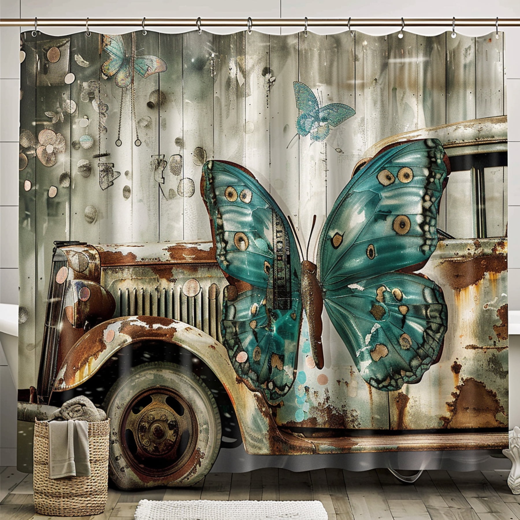 Vintage Butterfly Rustic Truck Shower Curtain Teal & Brown Bathroom