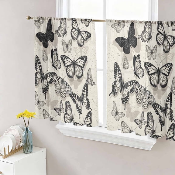 Vintage Butterfly Sheer Curtains 45 Inch Length 2 Panels Set, Country Pastoral Inserts Retro Beige Voile Window Treatment Rod Pocket Small Kitchen Curtains Drapes for Bedroom 52"x45"x2