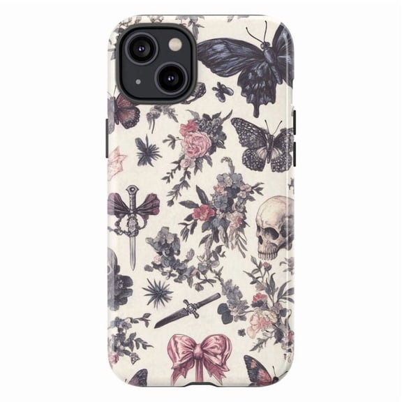 Vintage Butterfly Skull iPhone Case, Soft Gothic Cottagecore Aesthetic Protective Cover, Romantic Pastel Dark Academia Design for iPhone 16 15 14 13 12 11 Pro Max Plus Mini