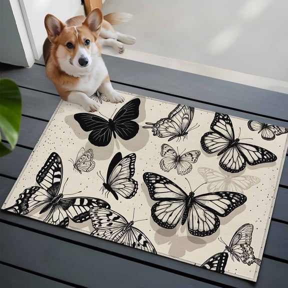 Vintage Butterfly Small Area Rugs 2x3 Black Fly Animal Wing Texture Beige Background Entryway Rugs Washable Door Mat, Low-Profile Area Rugs Non Slip Floor Carpet for Living Room Bedroom Home Office