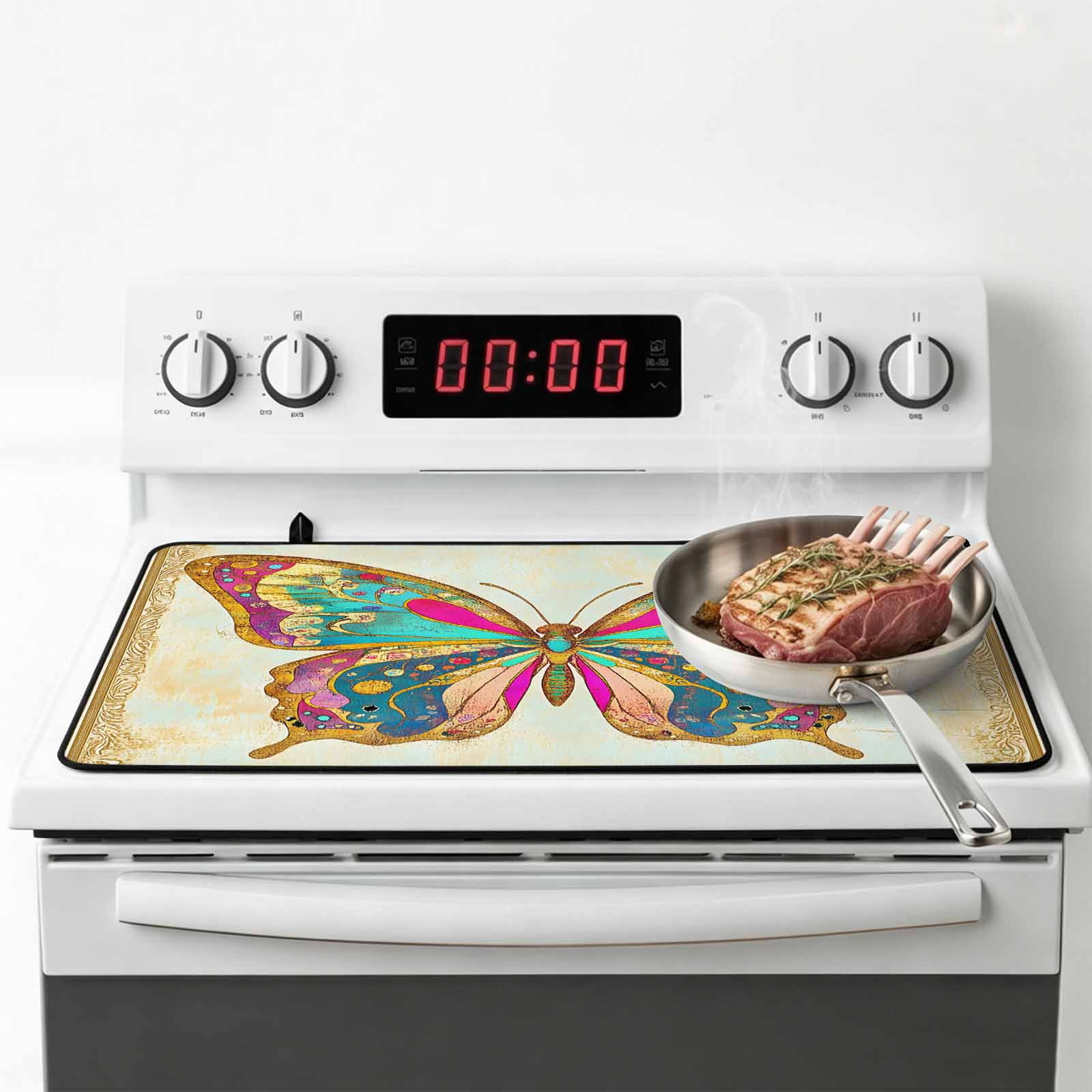 Vintage Butterfly Stove Top Cover for Electric Stove, Heat-proof & Non Slip Glass Top Stove Cover Protector, Retro Colorful Butterfly Kitchen Flat Cooktop Rubber Mat 24x21 Inches