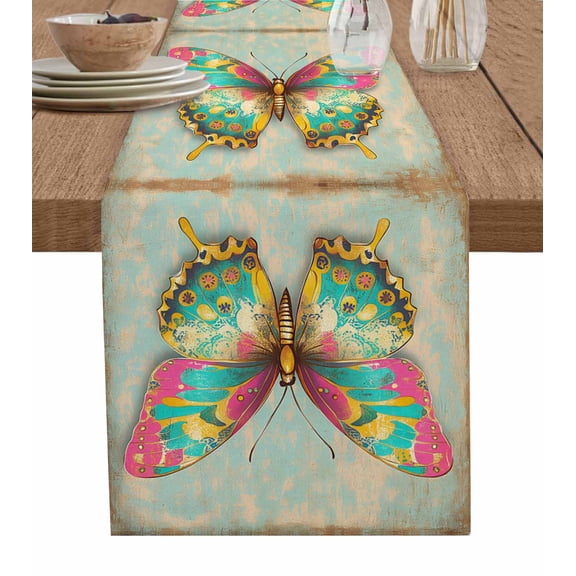 Vintage Butterfly Table Runner 72 Inches, Colorful Retro Butterflies Watercolor Bed Runner Dresser Scarves Tabletop for Indoor Outdoor Parties/Ceremony/Banquet, 16" x 72"