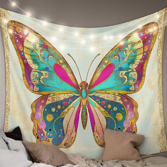 Vintage Butterfly Tapestry for Bedroom Wall Hanging Tapestry, Retro Colorful Butterfly Ceiling Backdrop Tapestries Poster Blanket Wall Decor for Teens Room Living Room Dorm 59" x 90"