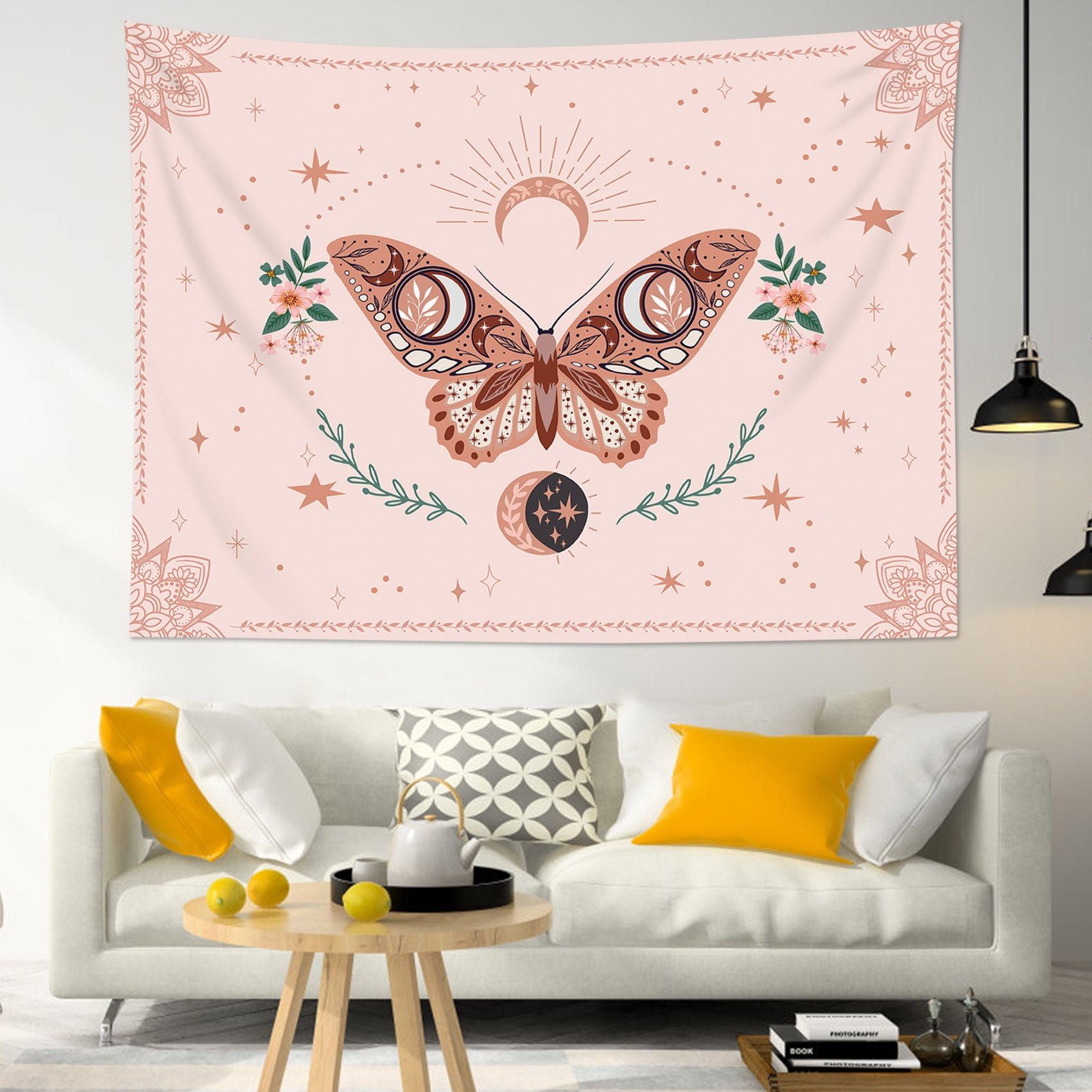 Vintage Butterfly Tapestry Wall Hanging Country Floral Green Leaf and Nature Plant on Pink Wall Tapestry for Bedroom Aesthetic Boho Star Moon Tapestry for Living Room College Dorm Decor 60Wx40H inch W...