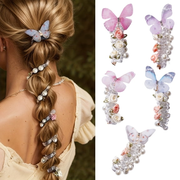 Vintage Butterfly Telephone Cord Hair Ties for Women - High Elasticity, No Crease Spiral Ponytail Holders with Flowers & Pearls, Perfect for Braids and Waves, Butterfly Hair Tie