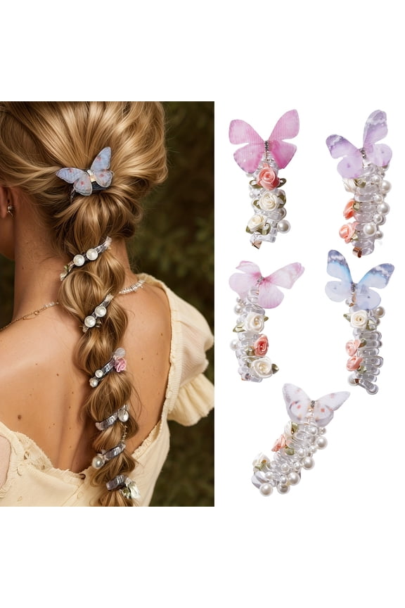 Vintage Butterfly Telephone Cord Hair Ties for Women - High Elasticity, No Crease Spiral Ponytail Holders with Flowers & Pearls, Perfect for Braids and Waves, Butterfly Hair Tie