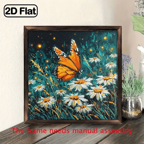 Vintage Butterfly Wall Art - 8x8 Inch Square Polished Wood Frame, Rustic Farmhouse Decor with Vibrant Floral Butterfly Daisies Design, Lightweight Horizontal Wall Hanging for Home Office, Mothers