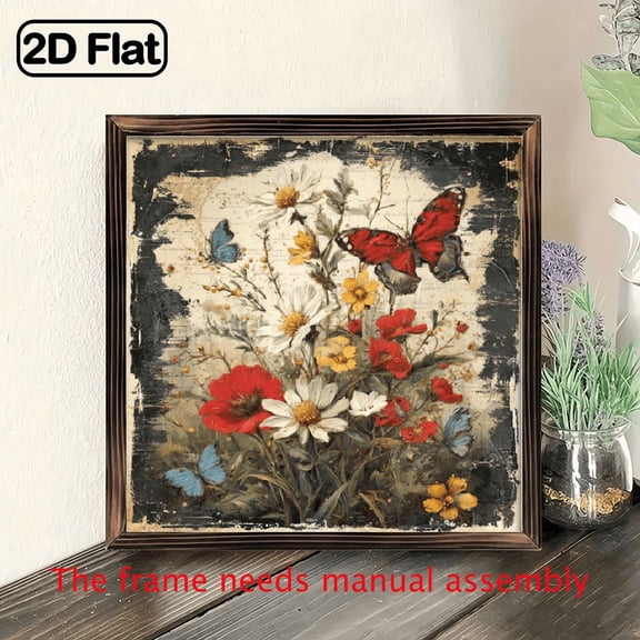 Vintage Butterfly Wall Art - 8x8 Inch Square Polished Wood Frame Rustic Farmhouse Decor with Vibrant Floral Butterfly Design, Lightweight Horizontal Wall Hanging for Home Office, Mothers Day Easter