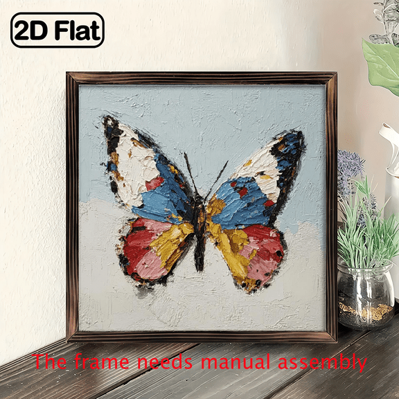 Vintage Butterfly Wall Art, 8x8in Square Wood Frame - Colorful Butterfly Painting, Polished Finish, Lightweight Design, Rustic Style Desktop Display, Ideal Mother'S Day Gift, Decorative Art Piece