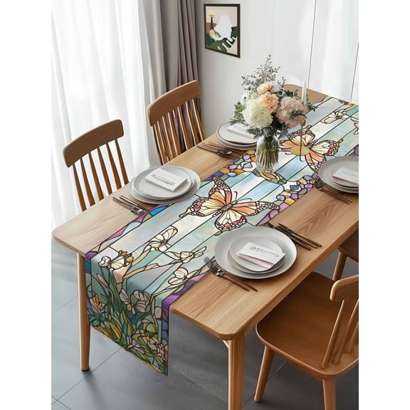 Vintage Butterfly Watercolor Floral Table Runner 13x70in Non-Slip Cotton Linen Table Runners, Vintage Stained Glass Dresser Scarves TableRunner for Dinner Kitchen Dining Wedding Party