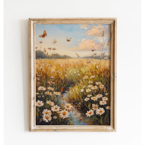 Vintage Butterfly Wildflower Field Landscape, Warm Spring Poster, Farmhouse Neutral Wall Art, Spring Art, 12x18 UNFRAMED