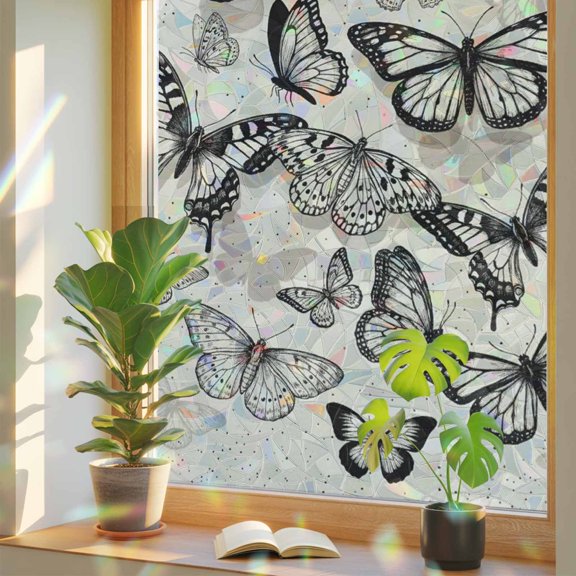 Vintage Butterfly Window Privacy Film, Black Fly Animal Wing Texture Beige Background Stained Glass Rainbow Film Decorative Window Clings, Static Cling Sun Blocking Stickers 17.7" x 39.3"