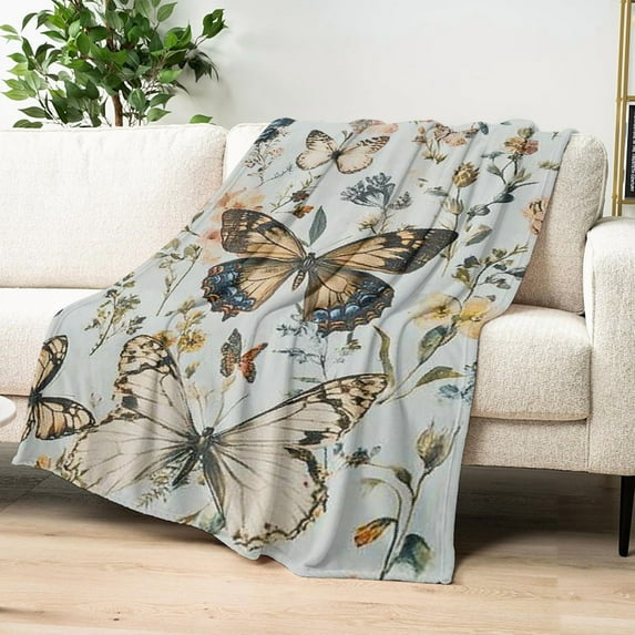 Vintage Butterfly & Floral Throw Blanket - Soft, Lightweight Fleece for Cozy Sofa, Bed, Travel - Perfect Gift for Women and Girls - Machine Washable