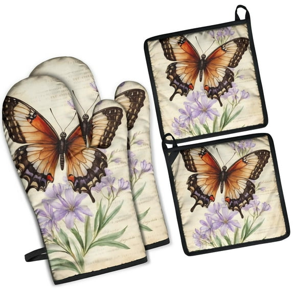 Vintage Butterfly and Flower Kitchen Oven Mitt and Pot Holder Sets 4 Pcs for Baking, Cooking and Grilling, Heat Resistant Up To 392 °F